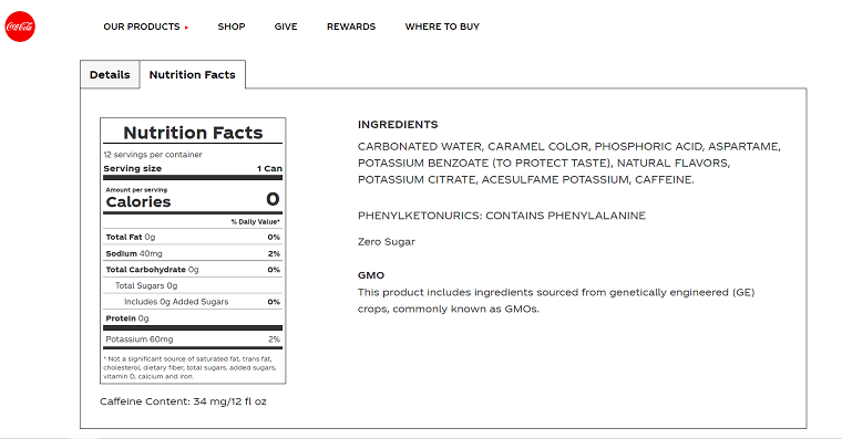 Coca-Cola® Zero Sugar Nutrition Facts